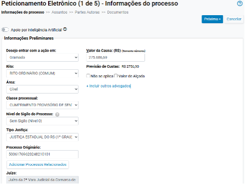 Preencher valor da causa